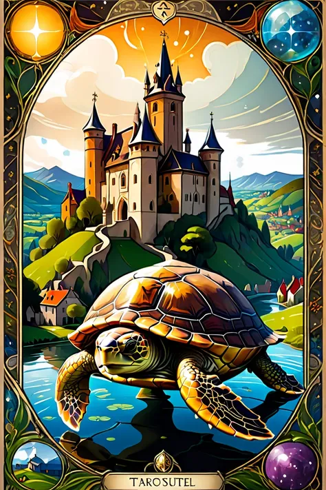 (((Patterned exquisite Tarot Card ))), A medieval town built on the back of a huge turtle.