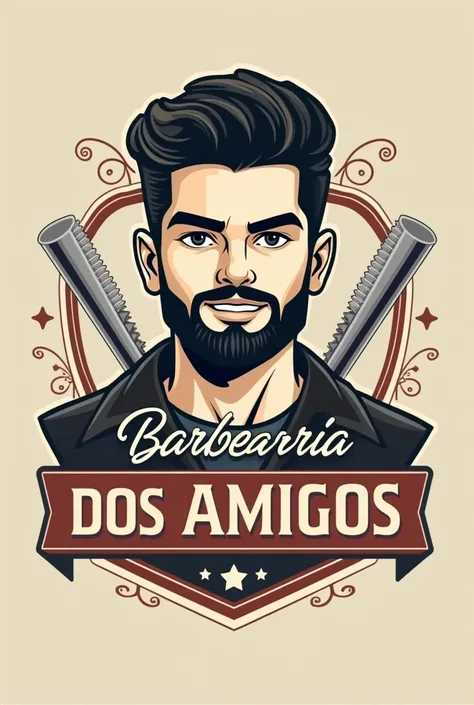 Logo with the name Barberaria dos Amigos, a dark-haired character without a beard 