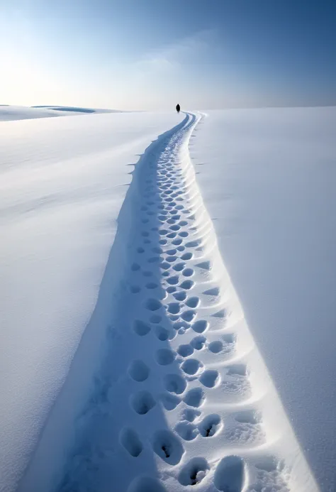 (((best quality))),(((ultra detailed))),(((masterpiece))),illustration,(Snow footprints:1.5),frosty expanse, pristine snowfield, deep and shallow footprints, emotional journey, quiet introspection, melancholic mood, subtle lighting, soft snow texture, cont...