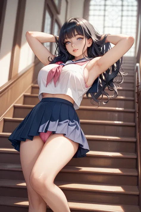  one girl, high school girl with visible armpits,Long black hair, wave hair, Big Breasts  、  top quality、 cinematic lights、 sailor suit 、 Knee Length Skirt 、  climb the stairs、Can you see pink panties、Station stairs、