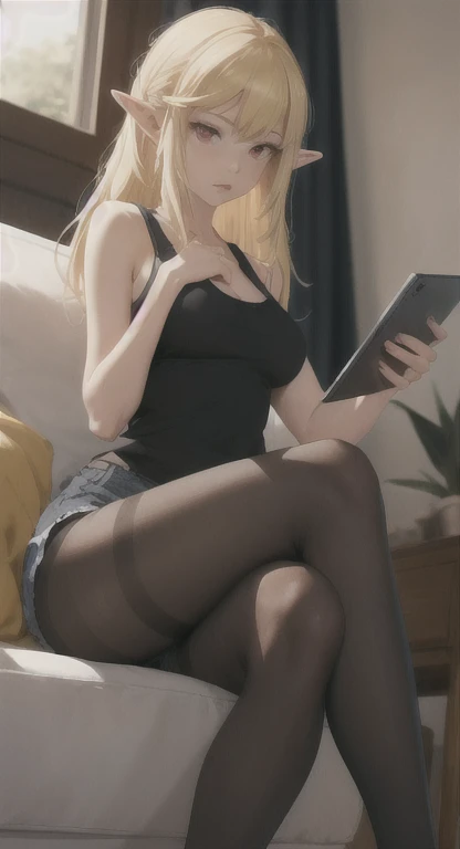 Medium breasts, Busty hylian, Hylia, looking at tablet, tank top, shorts, pantyhose, Half blonde, red eyes, living room, sitting, legs crossed pose,