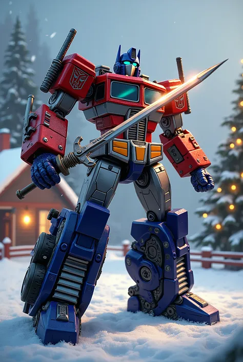 Sword on Hand, Transformers masterpiece, Optimus Prime is arm hand left and right, Autobots, Christmas Tree, House, background snow