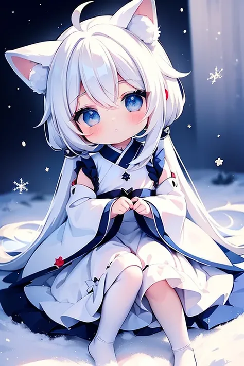 (( top quality)), ((  Masterpiece  )),Footprints of snow， 1 girl，Baby kitsune，  anime manga girl， the little character 、，White hair color，  white skirt ，Fox Ears ， cute expression 