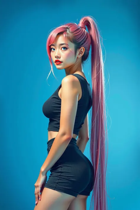 1 asian girl,solo, pink hair, blue eyes, Blue Background，huge breasts, crop top, short shorts, underboob, High Ponytail，Unbelievably long hair，cowboy shot,,looking at viewer，Simple style，wide angle,Dynamic Angle，(bangs_pinned_back:1.5),(head_tilt:1.7),(cuv...