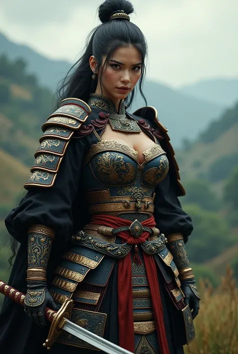 A very attractive samurai in armor and with extremely large voluptuous breasts