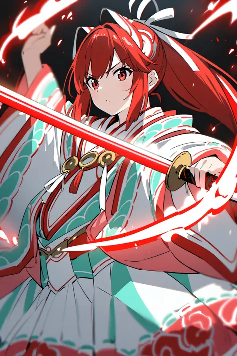 Girl Swordsman 、Shrine maiden costume、 red eyes、Red Hair、 ponytail、 white ribbon、sword dance 、Flaming Sword、sparks