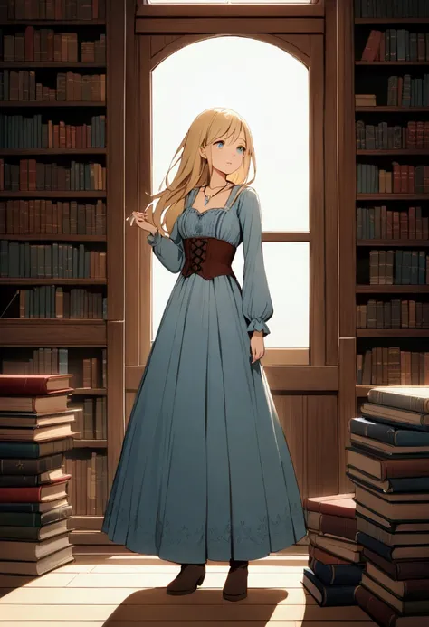 slender, mature female, 1girl,   with long blonde hair and blue eyes, wearing a light blue, vintage-inspired dress with a laced bodice and a dark belt, stands amidst a room filled with books.  The dress has subtle embroidery details. She wears boots, and  ...