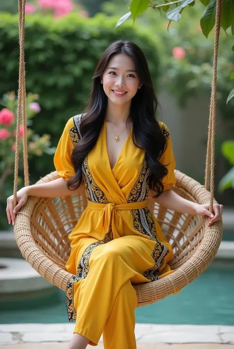 A beautiful Korean woman, proportional fat body, sweet smile looking at the camera, long hair, wearing a small gold necklace with a small diamond pendant, wearing an elegant bright yellow wrap dress, black and white batik pattern, wearing jogger pants, wea...