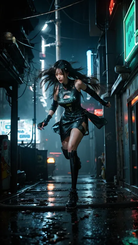 "A hyper-realistic action shot of a woman sprinting through a dimly lit cyberpunk alley. Her expression is fierce, with sweat dripping down her soot-streaked face as she evades her pursuers. Bright neon graffiti and flickering holographic advertisements li...