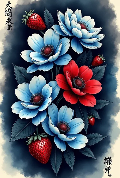 Do a sketch for tattoo , la composición son unas gardenias and unas fresas, rojo para las fresas and azul para las gardenias.  That gives goth art vibes ,  royal type of vampire .  that has text in Japanese that reads ", " and "イチゴ"