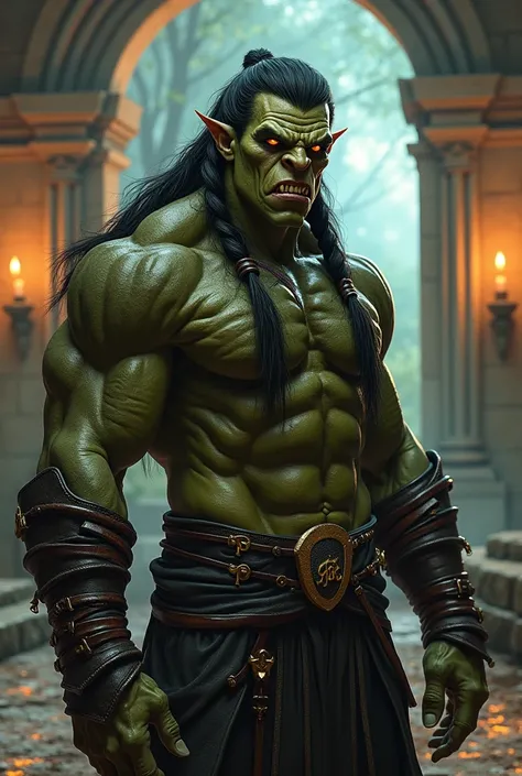 A fantasy-style depiction of a handsome, sensual orc, with olive green skin, striking black almond-shaped eyes, and dark hair tied into elegant braids with leather bands, with fangs protruding from his mouth. He has a strong, muscular build, wearing dark l...