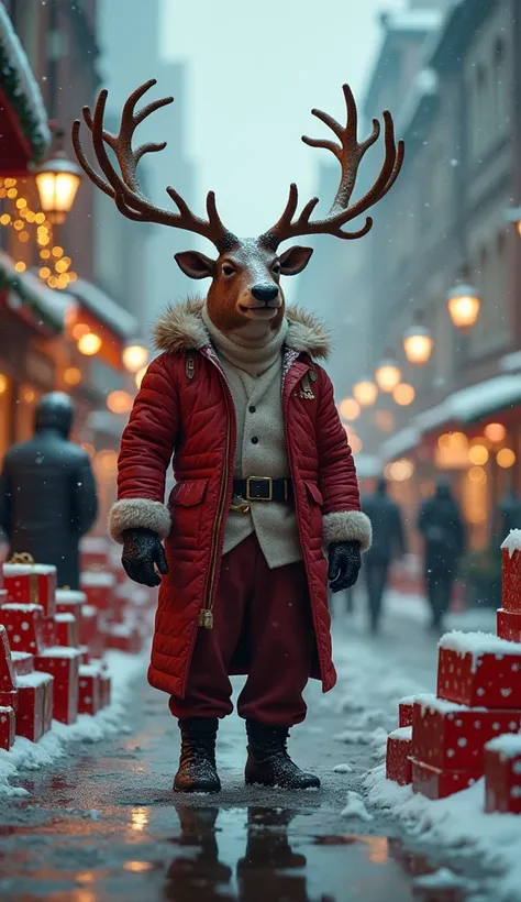 (  Masterpiece  :1.2),  top quality,  Christmas, Muscular humanoid with a reindeer head,  Christmasイメージの衣装, snowy landscape, Central Street of the city , Tons of presents ,  photo realistic, hyper realistic,  top quality, Ultra Realistic, 8k, Golden Ratio,...