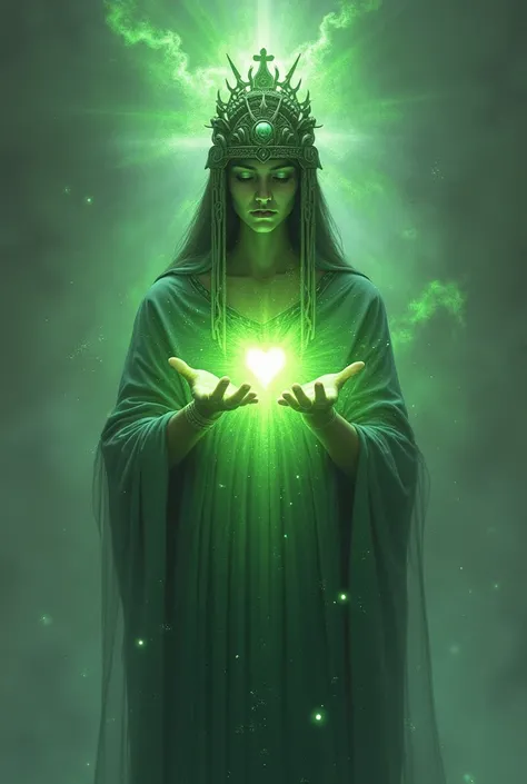  Drawing of one with a headdress, With your bright heart, Outstretched hands emitting green light 