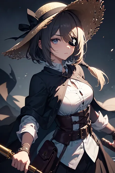  The image portrays a character in digital art style with traits that refer to anime or manga .  She has short, light hair ,  wears a wide-brimmed straw hat and wears a dark cape over a light shirt . Her left eye is covered ,  suggesting an eye patch or so...