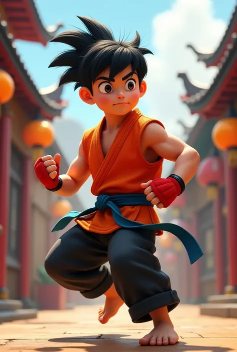 a young man with spiky black hair at the back of his head and a fringe wearing black pants, an indigo karate belt, and red fingerless gloves in pixar style 