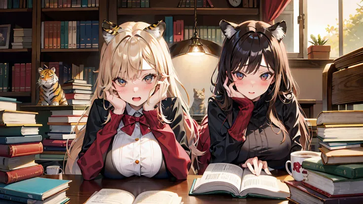 embarrassed woman having big tits, tiger with a clear and detailed face, animal, doll, one room, warm, studying, books, coffee