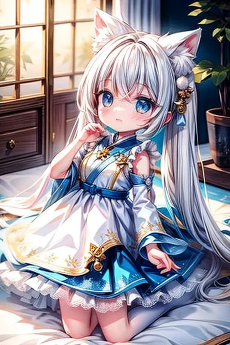 (( top quality)), ((  Masterpiece  )),Footprints of snow:1.2， 1 girl，Baby kitsune，  anime manga girl， the little character 、，White hair color，  white skirt ，Fox Ears ， fox tail ， cute expression ，