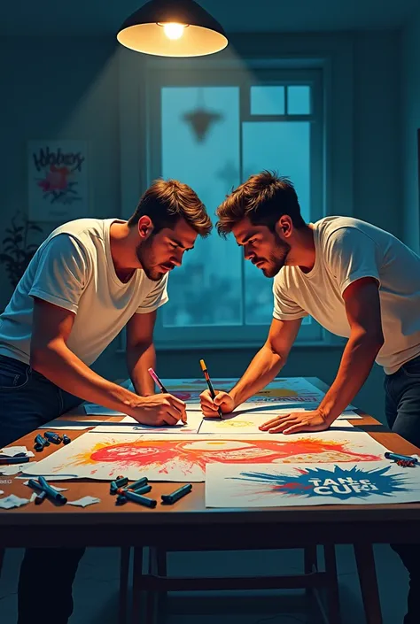 two young men making posters on a table 