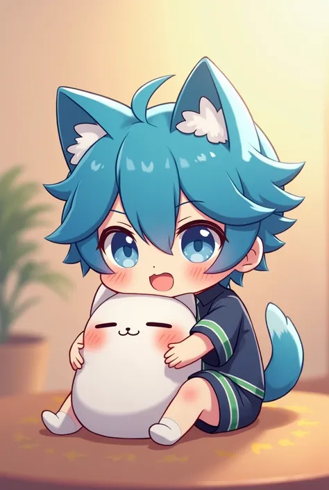 Create a male character with a chibi style with blue hair and a cats ear and who is hugging something