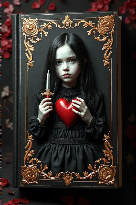 Create me a book of Gothic poems with platinum red gold and black ,  that says in Spanish “the deepest of my shadows” and that scares an illustrated gothic girl with white skin with a heart and a dagger in her hand