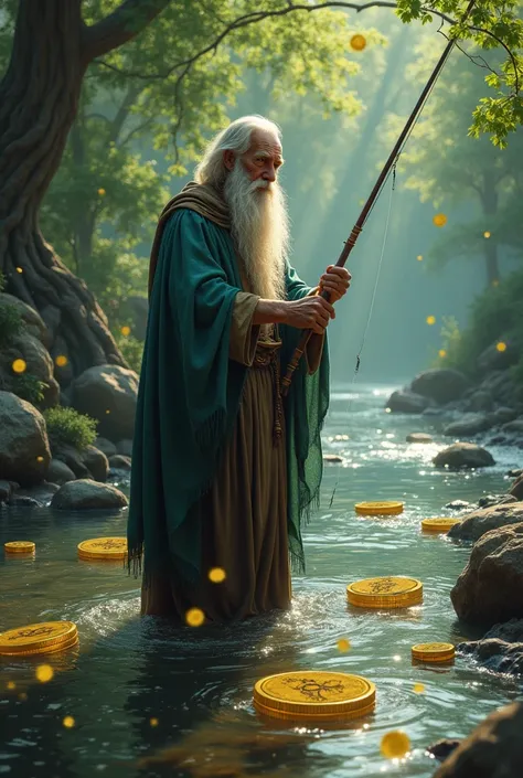 The wizard is fishing in nature and 8 coins 