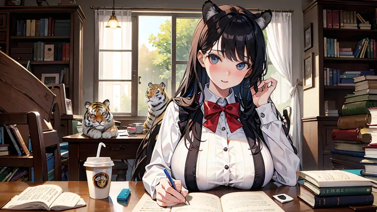 embarrassed woman having big tits, tiger with a clear and detailed face, animal, doll, one room, warm, studying, books, coffee