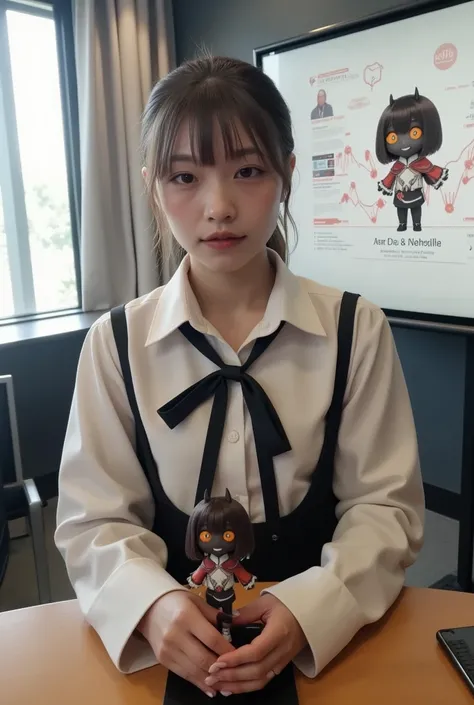 ultra-realistic, photorealistic, dramatic scene, shadow, global-illumination, solo, (20 years old Japanese famous idol girl:1.5), very beautiful fragile Japanese girl, very beautiful with very cute but boyish cool face, she is Japanese office worker, weari...