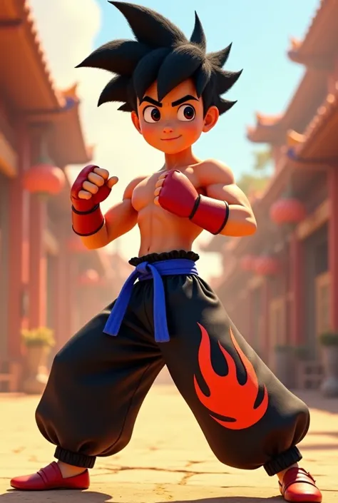 a young man with spiky black hair at the back of his head and a fringe wearing black pants with a red flame design on his right leg, an indigo karate belt, and red fingerless gloves in pixar style 