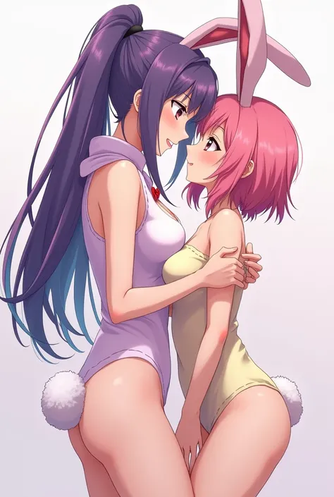 Tall anime girl with long purple hair ,  tied in a ponytail and with E-cup breasts who wears a bunny costume and is having sex and being the dominant one in her relationship with the short anime girl, With medium pink hair and A-cup breasts but with nice b...