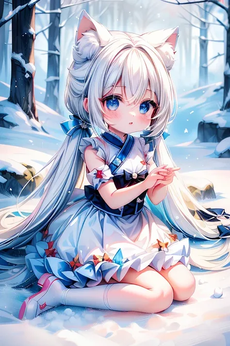 (( top quality)), ((  Masterpiece  )),Footprints of snow:1.2， 1 girl，Baby kitsune， Anime Manga Girl， the little character 、，White hair color，  white skirt ，Fox Ears ， fox tail ， cute expression ，Professional photography，