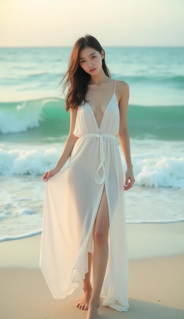 A wide shot A beautiful young woman(22 year old), (Pretty Idol, Korean face), white pale skin,cute mouth, cute eye, high nose, beautiful CUP-G chests, Korean model,white skin,smooth skin,white skin, a woman with a large breast standing barefoot on the sand...