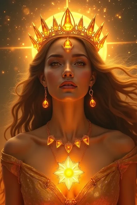 " A mystical crown made of citrine crystals and a magical necklace with a citrine pendant, shining in orange tones worn by a solar goddess . "