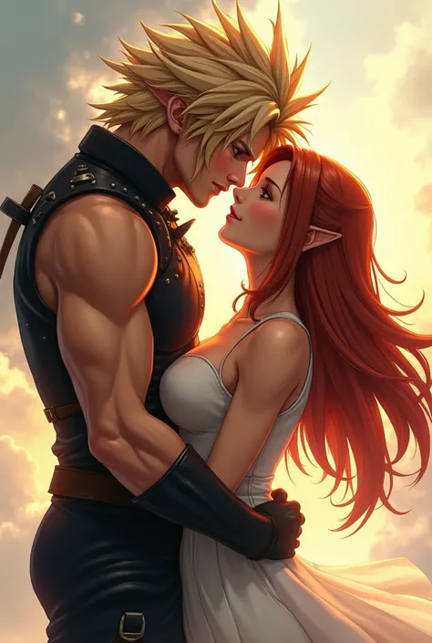 Cloud Strife with red hair, Embracing Kyarah, a beautiful and athletic brown-haired woman, They are hugging each other showing deep love