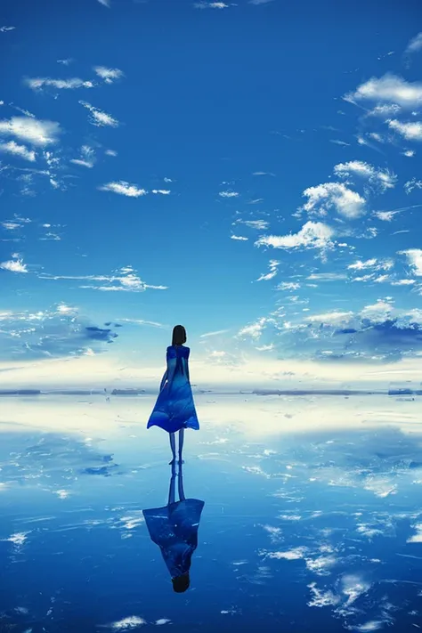 horizon, standing on liquid、Quiet Lake、The endless surface of the water 、 nature and sky reflect on the surface of the water 、 fantastic blue sky and clouds 、 A work with an overall blue image、Very beautiful、fantasy landscape、 the back of a girl standing i...