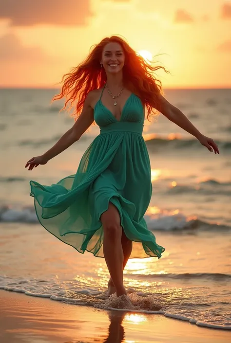 Photo of a beautiful red-haired woman on the beach,  wearing teal green knee-length tunic dress,  Big breasts , white pele, Feet above water ,  very happy and smiling , Spinning and dancing , (sunset), reflection