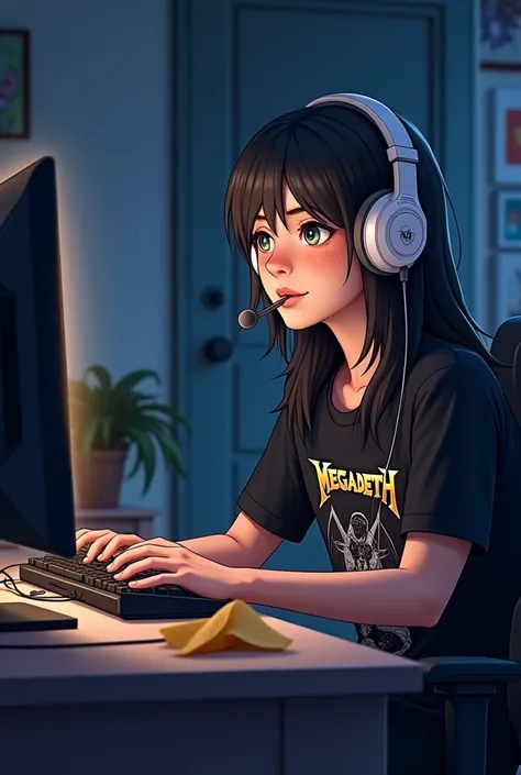 Male male man who is called Martin adolescent with long straight hair without bangs and freckles with white headphones and microphone with black t-shirt short sleeve with a print that says "Megadeth" playing on a PC gamer eating chips at night in his room 