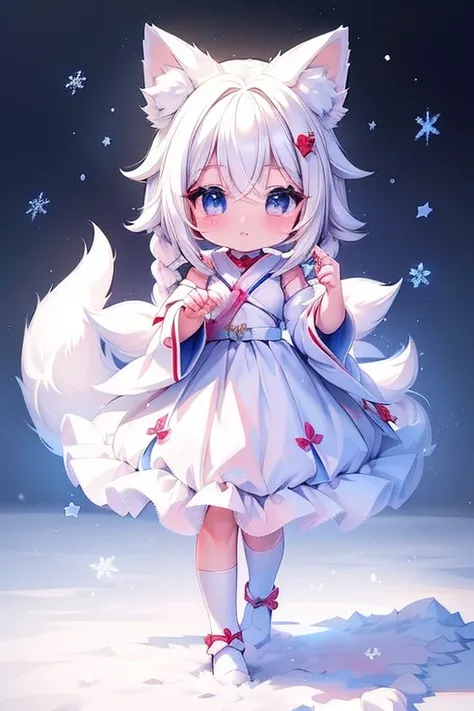 (( top quality)), ((  Masterpiece  )),Footprints in the snow:1.2，1 girl walking，Baby kitsune， Anime Manga Girl， the little character 、，White hair color，Fox Ears ， fox tail ， cute expression ，Professional photography，