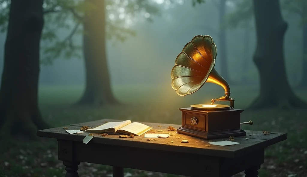 A vintage gramophone glowing faintly in a misty forest clearing at dawn. The wooden table it rests on is weathered, with scattered music sheets surrounding it. The golden light from the gramophone casts a soft, magical glow on the fog and nearby trees. The...