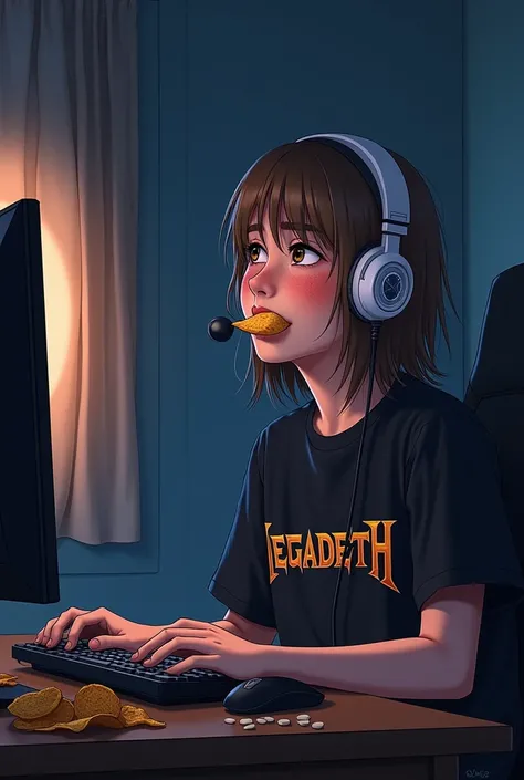 Male male man who is called Martin adolescent with long straight hair without bangs and freckles with white headphones and microphone with black t-shirt short sleeve with a print that says "Megadeth" playing on a PC gamer eating chips at night in his room 