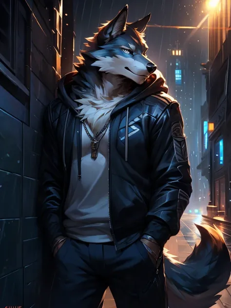 4k, ,8K, A high resolution, best quality, perfect colors, perfect shadows, perfect lighting, posted on e621, (by Chunie, by canyne khai, by t.y.starale), male, furry, wolf anthro, solo, blue eyes, (Realistic eye details 1.2), night city, rain, (Realistic R...