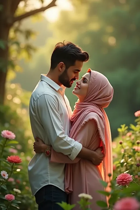 Kartun : A husband is hugging his Muslim wife from behind, they are in the garden, in a romantic state,