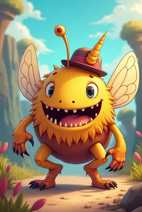 A cartoon monster with eight medium sized hands and four small feet. Insect wings straight teeth five eyes one horn a cute hat 