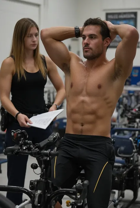 shirtless athletic early 20s man wearing athletic pants riding stationary bike in police academy physical fitness testing area, sweaty, hands on top of his head. female police academy officer wearing tank top watching him holding clipboard. photograph