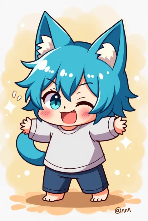 Create a male character with a chibi style with blue hair and a cats ear and who is hugging for a YouTube channel