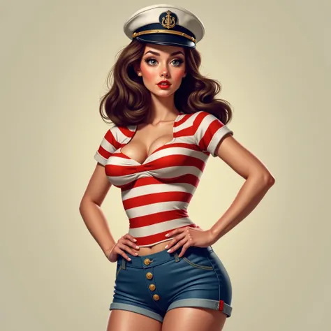  Isabella dressed like a pin-up girl with a tight t-shirt with white and red stripes, a Marino hat ,  tight blue shorts with silver buttons on the front  