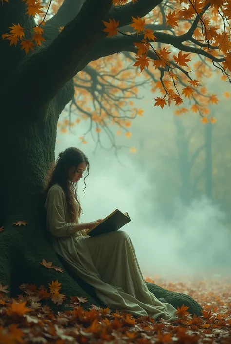 **A mystical autumn mist scene of a beautiful, gorgeous woman reading a book under a forgotten Dragon tree, shrouded in swirling mists and shadowy tree outlines. Use muted sage and amber tones to convey the mystery and transformative nature of the fall sea...