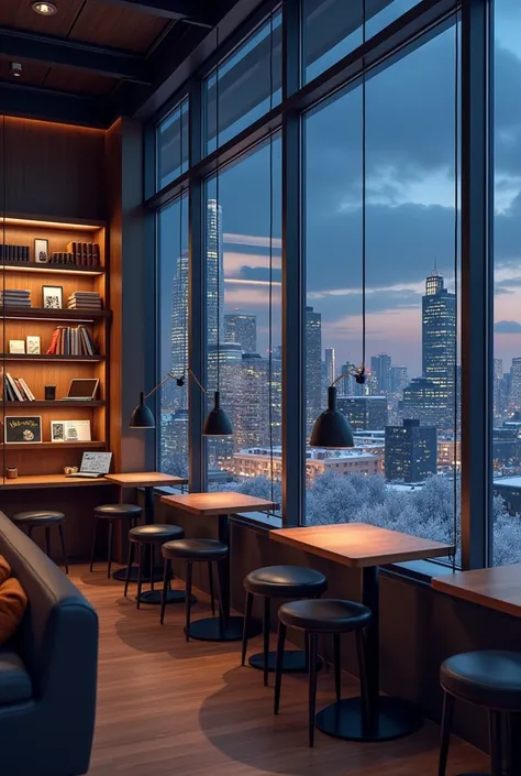 Draw me the high study corner with many notebooks and a laptop on it inside a coffee which had a big shelf and many other high coffee tables and the room is extremely large around on the top floors but the picture has nobody there with the view of a range ...