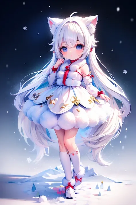 (( top quality)), ((  Masterpiece  )),((Footprints in the snow:1.2))，1 girl walking，Baby kitsune， Anime Manga Girl， the little character 、，White hair color，Fox Ears ， fox tail ， cute expression ，Professional photography， wide angle