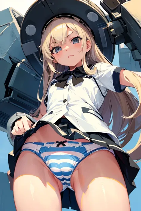 masterpiece, best quality, ultra detailed, ((striped panties)), (cowboy shot, crotch is close-up, ground-level, from below, mini skirt, from front), KanColle Shimakaze