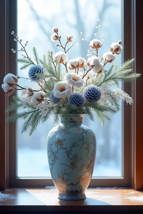  a Chinese porcelain vase  , in a window  , in which there are blue-violet cones a winter bouquet of fir branches, cotton,  branches with berries ,  red and green everything is sprinkled with snow crystals ,  crystals micro snowflakes . brilliantine, purpu...